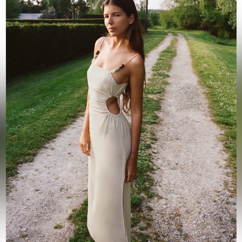 Zara Linen Light Sand Blend Stone Midi Dress Cut Out Dress Small S